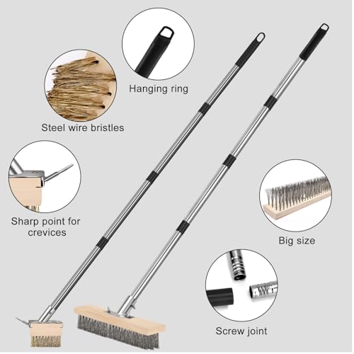 Metal Cleaning Brush, Moss Brush for Rough Surface with Long Handle, Floor Concrete Scrub Stiff Bristle, a Crack Weeder for Moss, Tough Stains on Concrete Grout Garden Garage Patio Pool