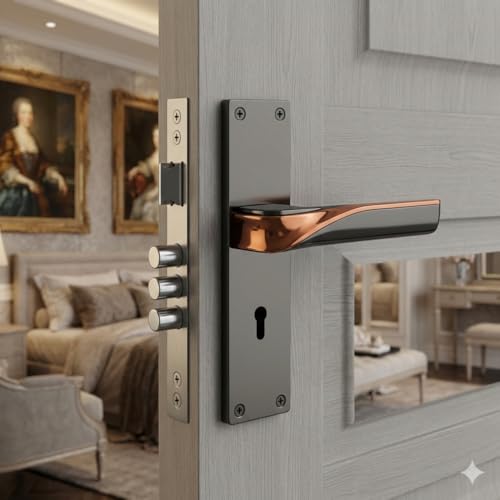 Image of 8 inch Zinc Mortise Lock Set with Door Handle, Black /Rose Gold Finish,Complete Lock Set with 3 Keys /Door Lock for Home, Living Room, MH-1020KY, Two Years Warranty