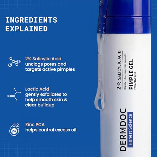 Image of DERMDOC 2% Salicylic Acid w /w Pimple Gel, 5ml | Acne Spot Treatment for Oily & Acne-Prone Skin | Reduces Pimples, Redness & Inflammation | Clears Clogged Pores | Lightweight & Fast Absorbing | Anti-Acne Gel for Breakouts & Active Pimples