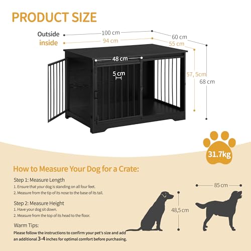 Hzuaneri Hundekäfig Möbel, 100cm hundebox für zuhause, Schiebetüren, 2 Tür, Moderne hundebox Holz Indoor für kleine/mittlere/große Hunde, Hundekäfig für Zuhause, 100 x 60 x 68 cm, Schwarz DFC02304B