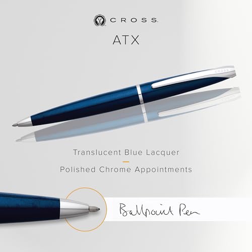 Image of Cross ATX Premium Ballpoint Pen Featuring Translucent Blue Lacquer Finish with Polished Chrome Accents - Presented in a Luxury Gift Box, Medium Point, Black Ink