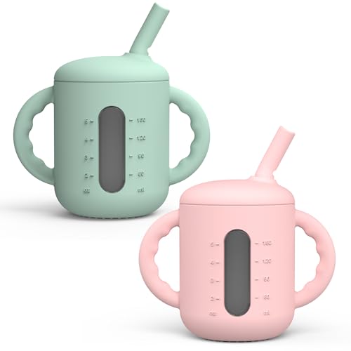 Image of Seposeve 2 Pack Silicone Sippy Cups, Leak-Proof Baby Straw Cup for 6-12 Months, Spill Proof Toddler Cup with Straw 1-3 Years, with Capacity Marking, Non-Slip Handle, Flow Control, 6 oz, Green Pink