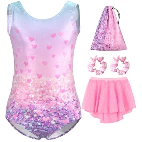 MOLLDAN Girls Gymnastics Leotards Tumbling Outfits Ballet Dance Dress with Removable Skirt Storage Bag Pink-purple Heart Set 11Y(11-12 Years)