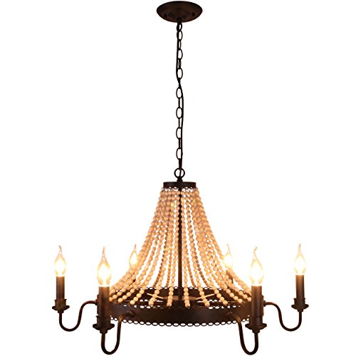 UNITARY Brand Black Metal and Wood Beads Farmhouse Candle Chandelier for Dining Room with 6 E12 Bulb Sockets, Industrial Hanging Lights, Kitchen Island Pendant Light Fixture - Image 3