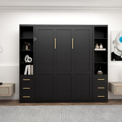 Image of KEIKI Queen Size Vertical Cabinet Murphy Bed with 2 Side Cabinet, Black | Multifunctional Foldable Hideaway Wall Metal Bed Frame, No Box Spring Needed, Easy Assembly, for Bedroom, Guest room