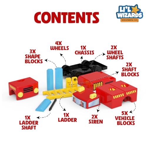 Image of Li'l Wizards Build Your Own Fire Truck Toy|Build Stack Play|Construction & Stacking Blocks for Kids|Shape Identification STEM Learning & Developmental Toy|Pull Along Vehicle|Gift for 2-5 Years Kids