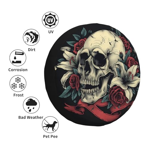 Image of Skull with Rose Spare Tire Cover, Universal Wheel Tire Cover Funny Skull Skeleton Tire Protectors for Trailer RV SUV Truck Camper 14 Inch