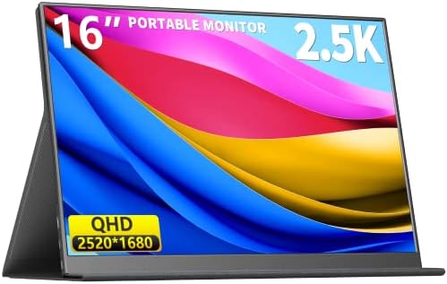 2.5K Portable Monitor, 16" 2520x1680， 1500:1 IPS Laptop Monitor, Slim Lightweight USB C HDMI Computer Display, Gaming Screen with Speakers, Travel Monitor for Mac PC Phone PS4/5 Xbox Switch