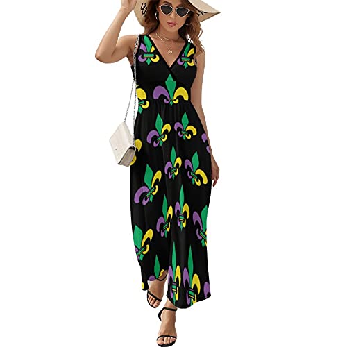 BAIKUTOUAN Mardi Gras Fleur De Lis Long Dress for Women Summer Printed Sleeveless