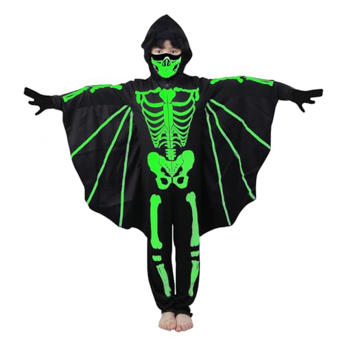 Joxessaien Disfraz de esqueleto de murciélago para niños, disfraz de Halloween con capucha y alas, brilla en la oscuridad, traje de cuerpo completo unisex para niños y niñas