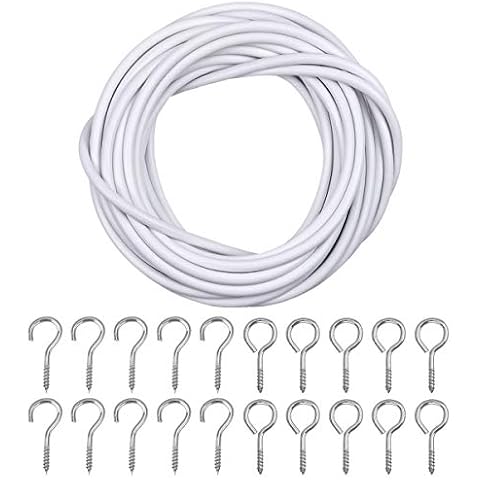5M Plastic Coated White Curtain Wire with 10pcs Eye Hooks and 10pcs Hooks for Net Curtain Rod Cover