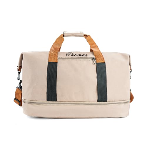 Travel Duffle Bag for Men - Personalized Khaki Weekender Overnight Duffle with Trolley Sleeve - 32L Large Carry On Sports Gym Bag with Shoe Compartment - Custom Groomsman Gift for Him