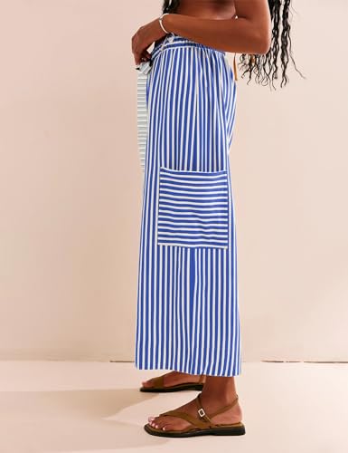 Women's Wide Leg Lounge Pants Striped Mid Waisted Drawstring Beach Pants Capri Pants Trousers with Pockets3