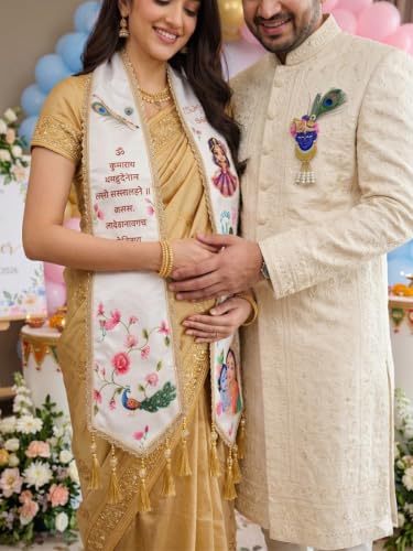 Image of Mom to Be Baby Shower Dupatta for Godh Bharai and baby shower Stoles with Bal Krishna Print, Ceremonial Festive Seemantham Functions FREE Shreenathji Brooch Pin for Dad to Be