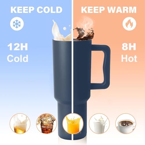 Image of Zephorus Personalized Stainless Steel Tumbler with Handle, 1200ml Capacity, Black Insulated Travel Mug with Straw, Custom Name Design (Dark Blue (3rd))