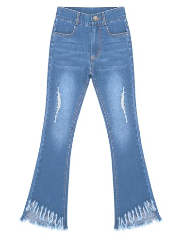 Shinsto Girls Kids Jeans Pants High Waist Ripped Flare Wide Leg Denim Tassel Hem Bell-Bottom3