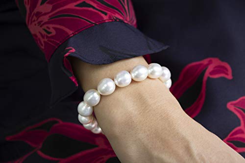 9.5Mm-11Mm Aaaa White Semi-Baroque Oval Freshwater Cultured Pearl Bride & Bridesmaid Stretch Strand Bracelet - 8" #TOP3