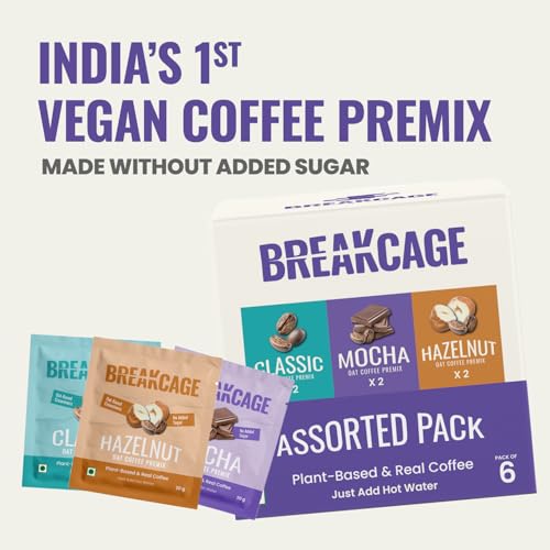 Image of BreakCage Oat Coffee Premix Assorted | Lactose Free | Hazelnut | Mocha | Classic | Pack of 6 | No Added Sugar | Vegan | High-Fiber | 120 Grams