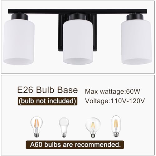 Image of 3 Light Bathroom Light Fixtures, 19.2 Inches Vanity Lights for Mirror, Black Vanity Lighting Fixtures with Milky White Glass Shades