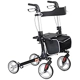 HOMCOM Rollator Walker for Tall, Senior, Adult with 9" Wheels, Seat, Back, Aluminum Lightweight Folding Rolling Walker with Adjustable Handle, Bag, Dual Brake, Cane Holder, Black