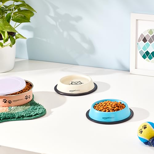 Image of Amazon Basics Stainless Steel Pet Feeding Bowls for Dog & Cats | Anti Slip Base | 3 Pcs Set of Bowl 230 ml Each with Canister 860 ml | Multi Colours and Printing