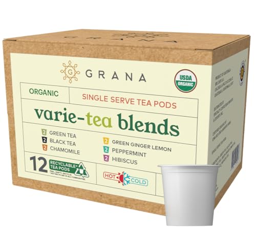 G GRANA Variety Pack Tea Pods, Compatible with Keurig Machines, 12 Single Serve Recyclable Capsules, Green, Black, Chamomile, Peppermint, Hibiscus, Green Ginger Lemon, USDA Organic