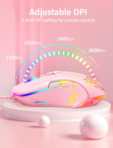 Wired USB Mouse, Computer Mouse with RGB Lighting, 4 Adjustable DPI, Ergonomic Optical Office Mouse, 7 Buttons Corded Mice for Window/PC/Laptop/Desktop/Mac/Chromebook, Pink - Image 5