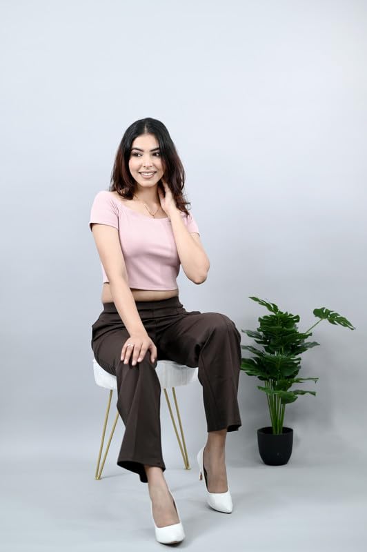 Image of Mlada Mid Waist Wide Leg Flared Pants Elastic Waist Band for Women Office Work Formal Wear Stretch Cotton Knit Flare Pants Utility Pockets Extra Flare Pants Trousers for Travel