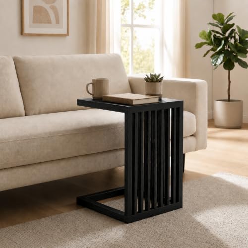 Image of Solid Sheesham Wood C Shape Side Table for Living Room | Modern Sofa End Table | Wooden Laptop Table for Bed | Coffee & Snack Table | Bedside End Table | Black Brown Finish