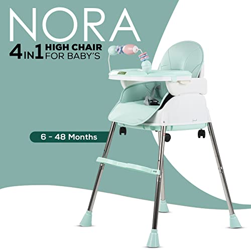 Baybee-4-in-1-Nora-Convertible-High-Chair-for-Kids-with-Adjustable-Height-and-Footrest-Baby-Toddler-Feeding-Booster-Seat-with-Tray-Wheels-Safety-Belt-and-Cushion-Boys-Girls-6-Months-to-3-Years-Green