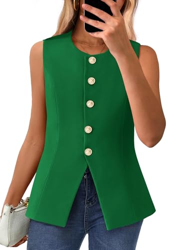 BTFBM Summer Sleeveless Blazer Vest For Women Dressy Button Down Round Neck Business Casual Outfits Work Suit Vests Tops(Bright Green, XX-Large)