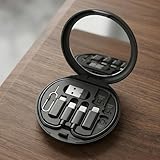 Multifunctional Data Cable wiht Mirror Storage Box Adaptor for USB-C and Micro-USB Devices Universal Data Transfer Cable, Suitable for Travel and Home Office Desk Cable Management-Black