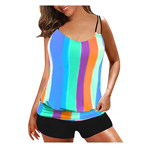 Dam tankini set med justerbara remmar mjuk kupa bandeau kamouflage randig tryckt topp och svart stretch badbyxor bikini set spaghettiremmar stora storlekar badkläder badkläder, Green42, L