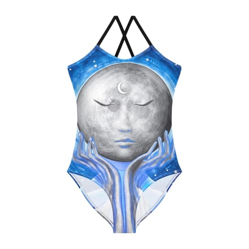 CHIFIGNO Cosmic Moon Face Girl One Piece Swimsuit, Quick Dry Crossback Bathing Suit Toddler for Beach 3T