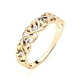 Old English Jewellers 9ct Yellow Gold on Sterling Silver 925 Natural Diamond Filigree Celtic Heart Design Band Ring - Available in sizes K to S - Ladies Women (N)
