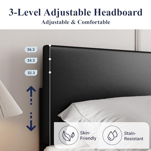 Allewie Queen Bed Frame with Adjustable Headboard - Black Faux Leather Platform Bed, Heavy Duty Foundation, No Box Spring Needed, Noise-Free, Easy Assembly