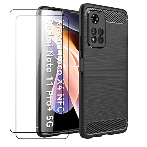 IEMY Coque pour Xiaomi Redmi Note 11 Pro+ 5G / Xiaomi Poco X4 NFC, [2PCS Protecteur D'écran en Verre Trempé] Silicone Souple TPU Fibre de Carbone Étui Anti-Choc Anti-Rayures Protection Case - Noir Cover