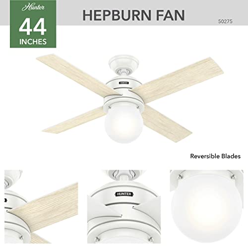 Image of Hunter 44 inch Indoor Ceiling Fan with LED Light - White Ceiling Fan for Bedroom, Living Room, or Kitchen, Standard Mount, Wall Control, 4 Blades, Includes Bulb - Hepburn 50275, Matte White