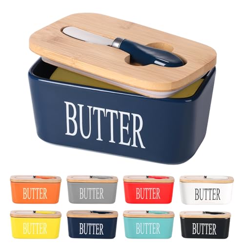 Blue porcelain butter dish with bamboo lid and stainless spreader — the included knife is the only one supplied in this set