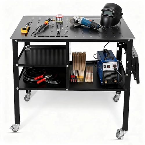 Portable Welding Table with Foldable Side Panels, Mobile Workbench Cart with Wheels for Factory, Garage & Welding Applications，Black,34'L × 24'W × 33.5'H by Generic - Image 7