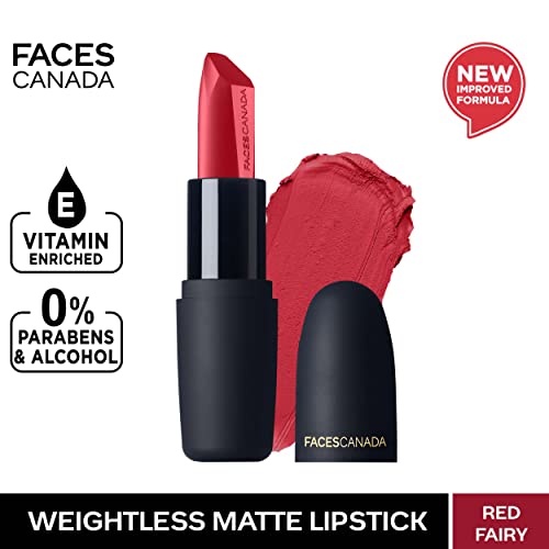 Image of FACES CANADA Weightless Matte Lipstick - Red Fairy 23 (Red), 4.5g | Highly Pigmented Lip Color | Smooth One Stroke Glide | Moisturizes & Hydrates Lips | Vitamin E, Jojoba & Almond Oil Enriched