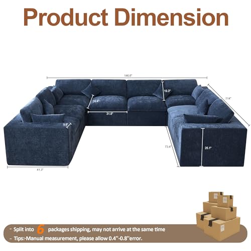 Image of 146''Cloud Boneless Sectional Couch, Modular Sectional Sofa Deep Seat, Oversized Upholstered Convertible Comfy 8 Seater Chenille Memory Foam Sofa U Shape Couches for Living Room, Navy