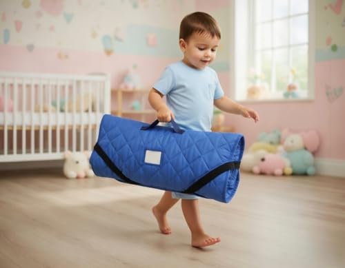 Image of EVERYDAY KIDS Cute Preschooler and Toddler Cot Nap Mat for Home, Daycare, Preschool and Kindergarten; Easy to Roll Sleeping Mat with Elastic Straps, Pillow and Blanket