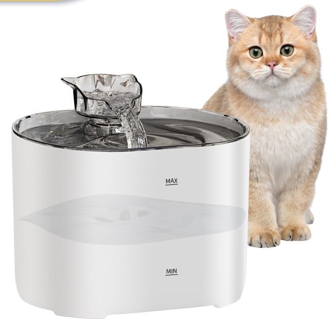 Cat Water Fountain, Cat Drinker, 2.2 Liter Capacity, Quiet, with Filter, Water Pump and EU Adapter Included. Guaranteed BPA Free (White)