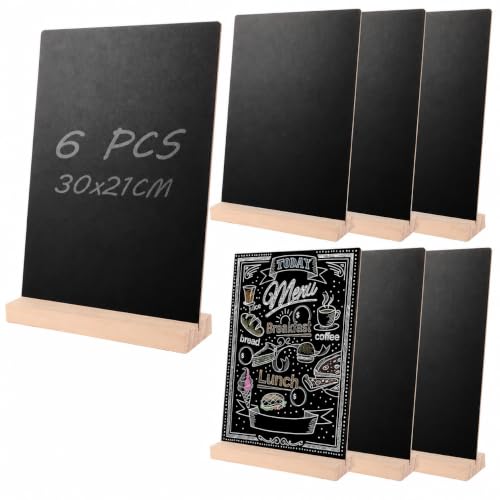 CYEER Lot de 6 Tableaux Noirs A4 (30x21cm) avec Support en Bois - Ardoises de Table Double Face Effaçables pour Menu de Buffet, Mariage, Étiquette de Prix...