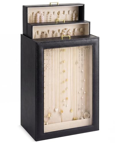 Huquary 3 Layer Vertical Necklace Holder Organizer Box 12.6" x 7.9" x 5", 30 Hooks PU Necklace Storage Box with Clear Lid Necklaces Display Case for Jewelry Organizer Storage Women Gift (Black)