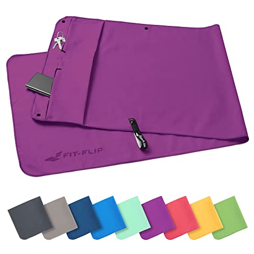 Fit-Flip Fitness Handtuch - mit Magnet und Reißverschluss Tasche - Gym Handtuch aus Mikrofaser für Sport und Fitness - Kompakt & Schnelltrocknend - Sporthandtuch Fitnessstudio - Lila - 130x48cm