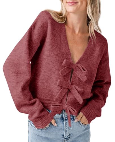 Image of Saodimallsu Womens Bow Sweater Cropped V Neck Long Sleeve Pullover Tops | Soft Cozy Knit, Two-Way Wear Design, Front & Back Bow, Cute Fall Tops 2026, Winter Fashion, Dressy Casual Holiday Outfits