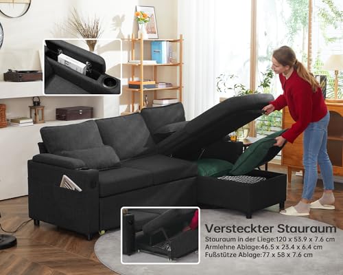 DURASPACE Schlafsofa ausziehbar 2 in 1 Sektional Schlafsofa Couches mit Lagerung, USB, Cup Holder, Pullout Sektional Couches für Wohnung Wohnzimmer (Dunkelgrau) – Bild 6