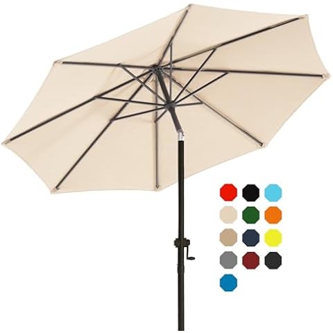 wikiwiki 9 FT Patio Umbrellas Outdoor Table Market Umbrella with Push Button Tilt/Crank, 8 Sturdy Ribs, Fade Resistant Waterproof POLYESTER DTY Canopy for Garden, Lawn, Deck, Backyard & Pool, Beige Cover